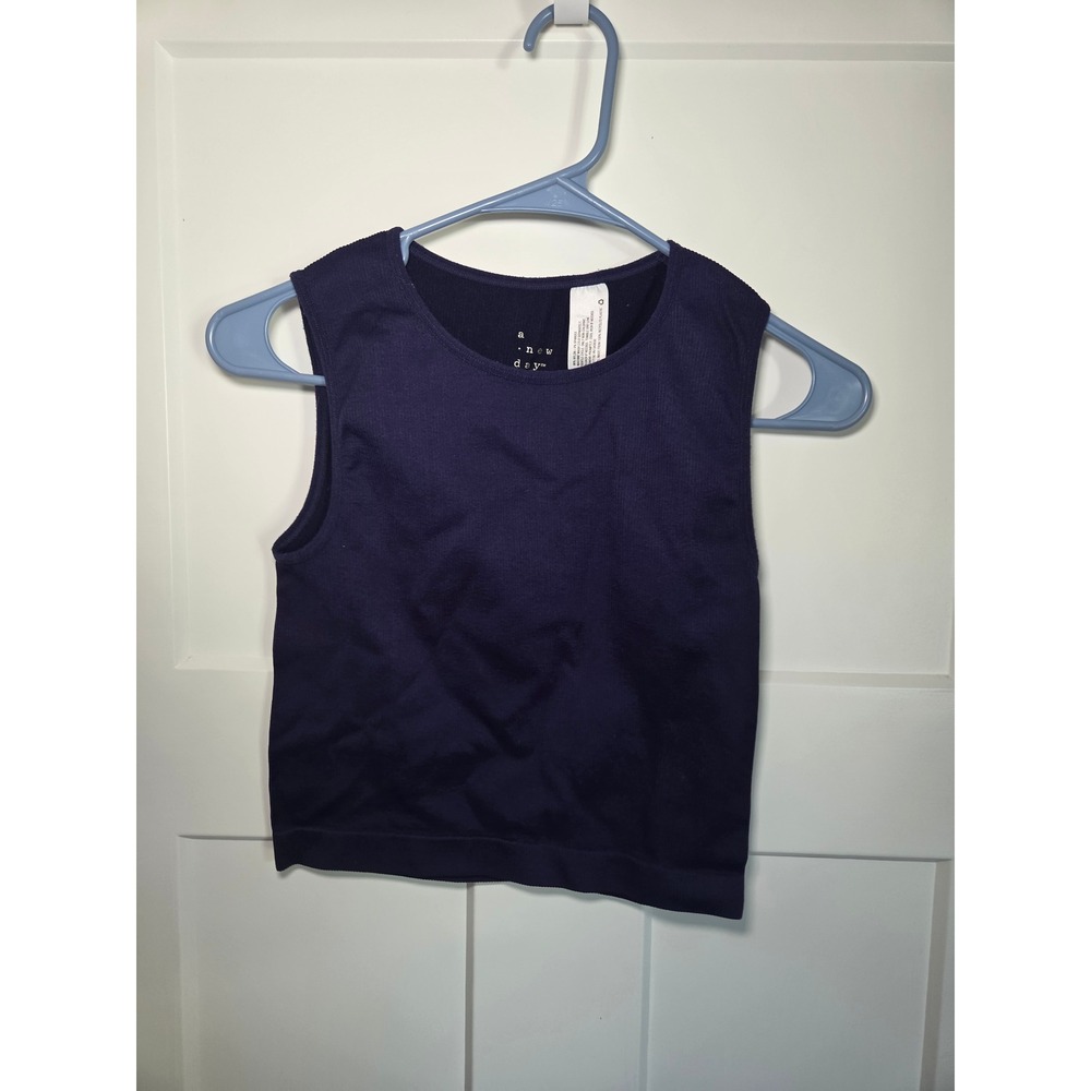 A New Day Navy Blue Ribbed Seamless Tank Top Large Crew Neck Cropped Sleeveless